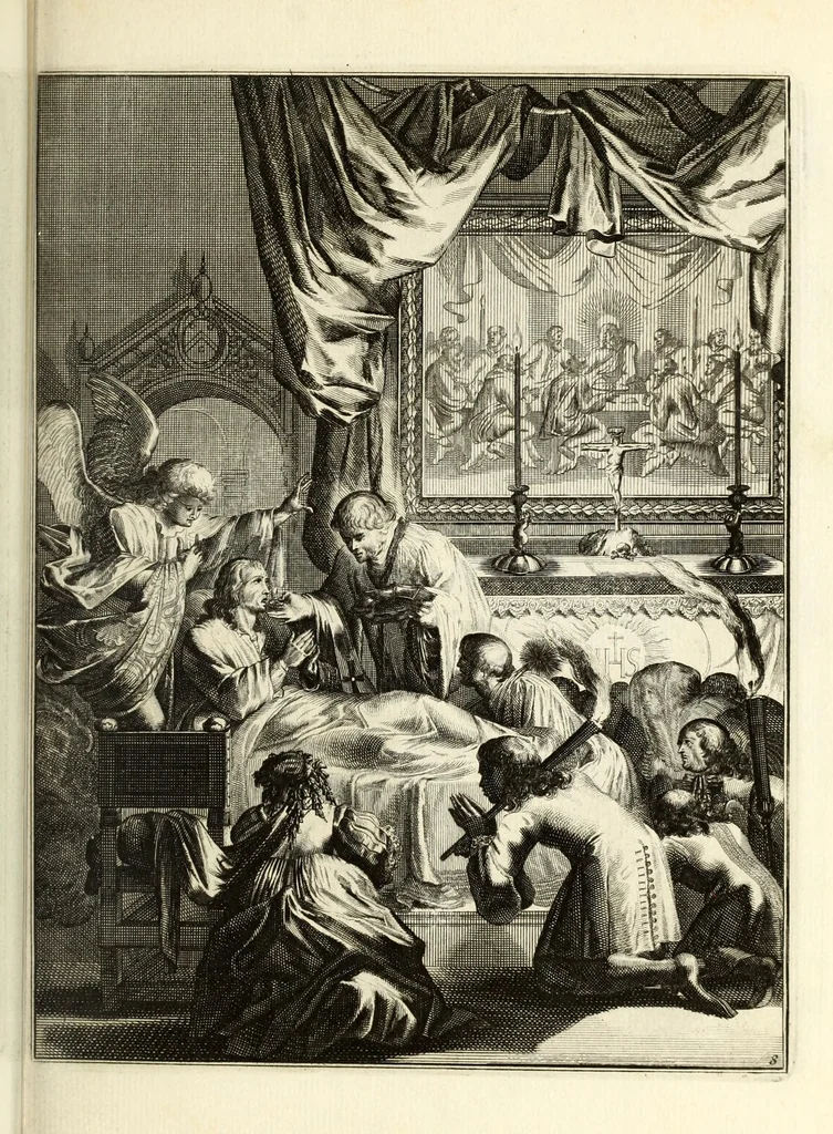 An illustration from Spiegel om wel te sterven : aanwyzende met beeltenissen van het Lyden onses zaligmaakers Jesu Christi : alles wat een zieke moet doen om gelukkig te sterven ... : door den vader David De La Vigne, Recolet, 1694, leaf 39