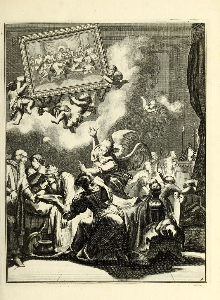 An illustration from Spiegel om wel te sterven : aanwyzende met beeltenissen van het Lyden onses zaligmaakers Jesu Christi : alles wat een zieke moet doen om gelukkig te sterven ... : door den vader David De La Vigne, Recolet, 1694, leaf 41
