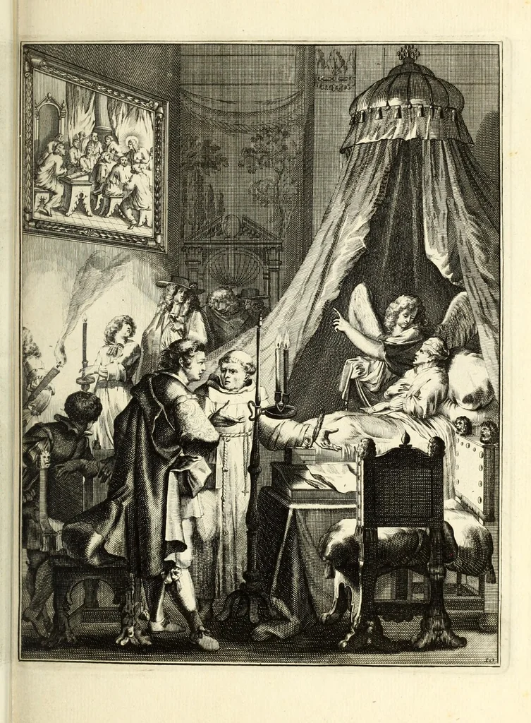 An illustration from Spiegel om wel te sterven : aanwyzende met beeltenissen van het Lyden onses zaligmaakers Jesu Christi : alles wat een zieke moet doen om gelukkig te sterven ... : door den vader David De La Vigne, Recolet, 1694, leaf 43