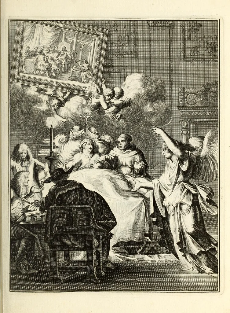 An illustration from Spiegel om wel te sterven : aanwyzende met beeltenissen van het Lyden onses zaligmaakers Jesu Christi : alles wat een zieke moet doen om gelukkig te sterven ... : door den vader David De La Vigne, Recolet, 1694, leaf 45