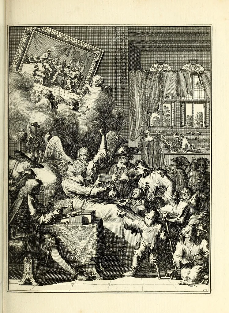 An illustration from Spiegel om wel te sterven : aanwyzende met beeltenissen van het Lyden onses zaligmaakers Jesu Christi : alles wat een zieke moet doen om gelukkig te sterven ... : door den vader David De La Vigne, Recolet, 1694, leaf 47
