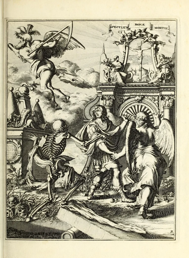An illustration from Spiegel om wel te sterven : aanwyzende met beeltenissen van het Lyden onses zaligmaakers Jesu Christi : alles wat een zieke moet doen om gelukkig te sterven ... : door den vader David De La Vigne, Recolet, 1694, leaf 51