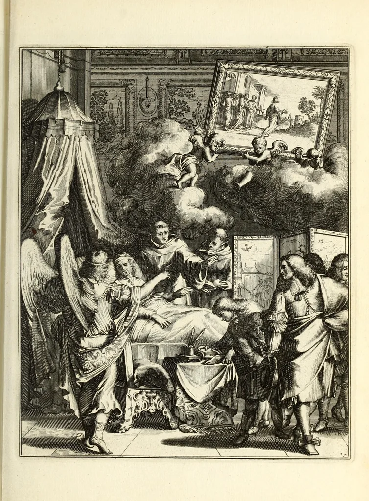 An illustration from Spiegel om wel te sterven : aanwyzende met beeltenissen van het Lyden onses zaligmaakers Jesu Christi : alles wat een zieke moet doen om gelukkig te sterven ... : door den vader David De La Vigne, Recolet, 1694, leaf 53