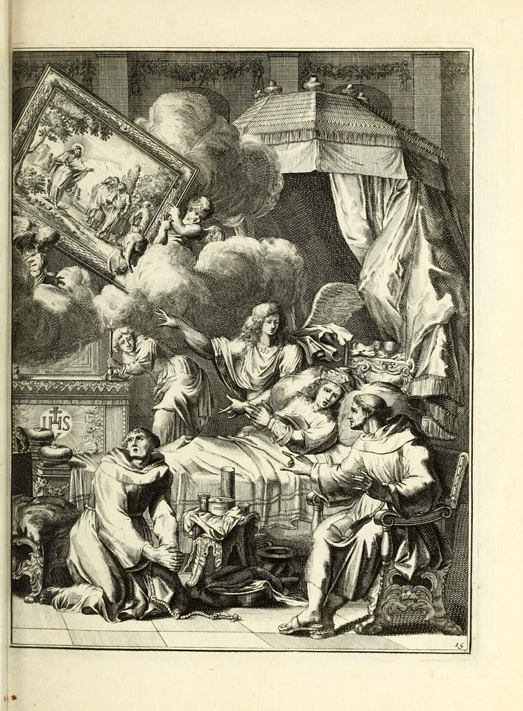 An illustration from Spiegel om wel te sterven : aanwyzende met beeltenissen van het Lyden onses zaligmaakers Jesu Christi : alles wat een zieke moet doen om gelukkig te sterven ... : door den vader David De La Vigne, Recolet, 1694, leaf 55