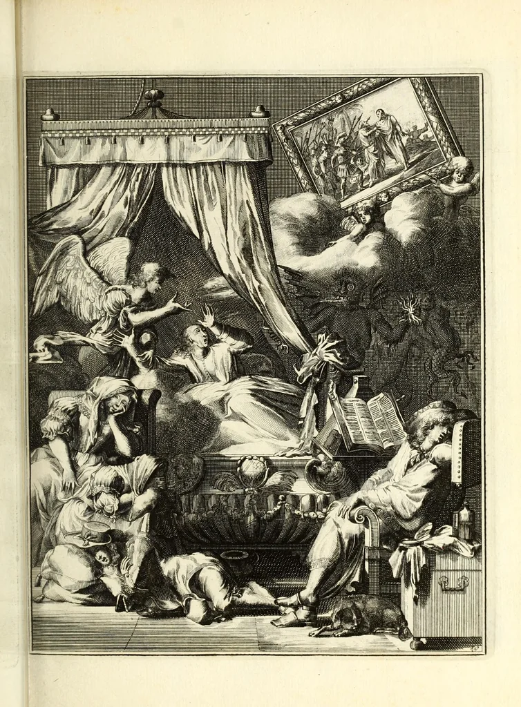 An illustration from Spiegel om wel te sterven : aanwyzende met beeltenissen van het Lyden onses zaligmaakers Jesu Christi : alles wat een zieke moet doen om gelukkig te sterven ... : door den vader David De La Vigne, Recolet, 1694, leaf 63