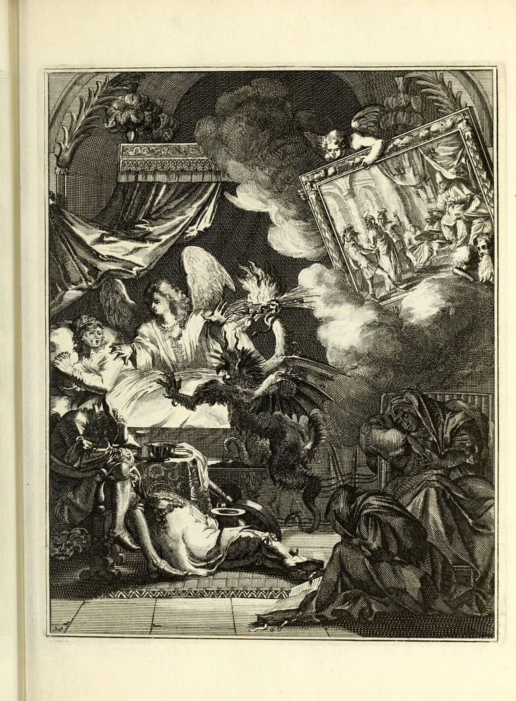 An illustration from Spiegel om wel te sterven : aanwyzende met beeltenissen van het Lyden onses zaligmaakers Jesu Christi : alles wat een zieke moet doen om gelukkig te sterven ... : door den vader David De La Vigne, Recolet, 1694, leaf 65