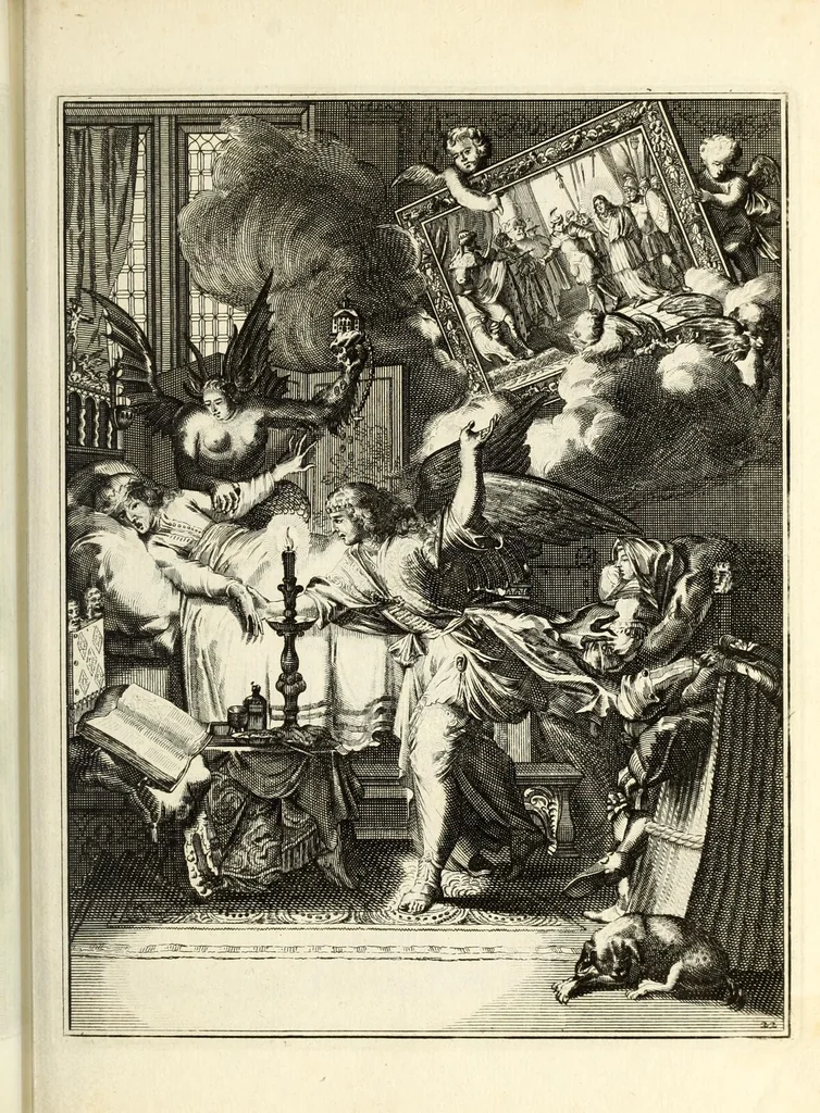 An illustration from Spiegel om wel te sterven : aanwyzende met beeltenissen van het Lyden onses zaligmaakers Jesu Christi : alles wat een zieke moet doen om gelukkig te sterven ... : door den vader David De La Vigne, Recolet, 1694, leaf 69
