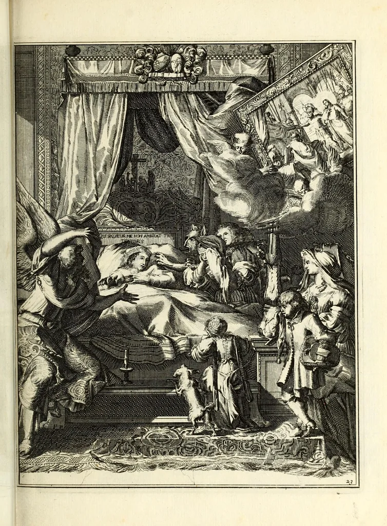 An illustration from Spiegel om wel te sterven : aanwyzende met beeltenissen van het Lyden onses zaligmaakers Jesu Christi : alles wat een zieke moet doen om gelukkig te sterven ... : door den vader David De La Vigne, Recolet, 1694, leaf 71
