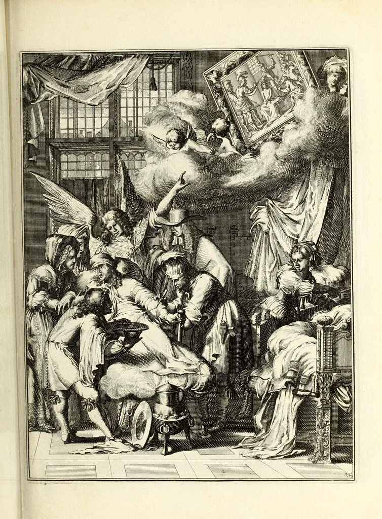 An illustration from Spiegel om wel te sterven : aanwyzende met beeltenissen van het Lyden onses zaligmaakers Jesu Christi : alles wat een zieke moet doen om gelukkig te sterven ... : door den vader David De La Vigne, Recolet, 1694, leaf 75