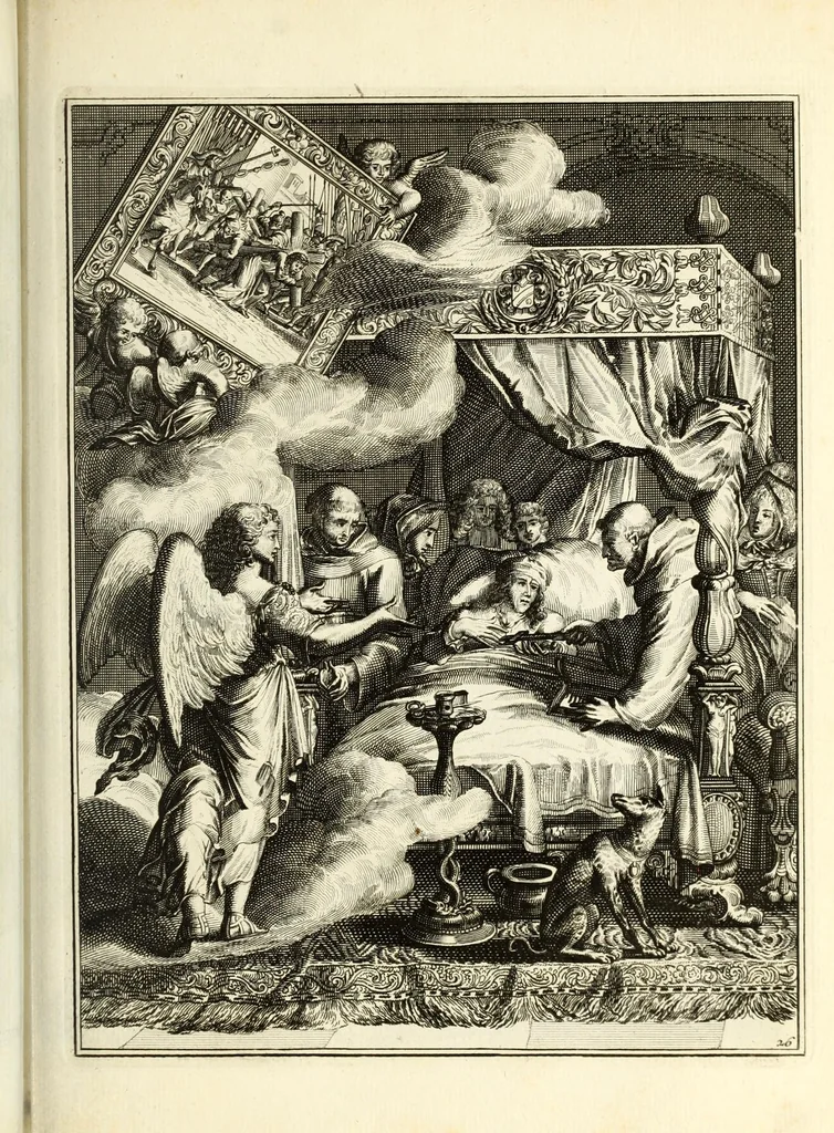 An illustration from Spiegel om wel te sterven : aanwyzende met beeltenissen van het Lyden onses zaligmaakers Jesu Christi : alles wat een zieke moet doen om gelukkig te sterven ... : door den vader David De La Vigne, Recolet, 1694, leaf 77