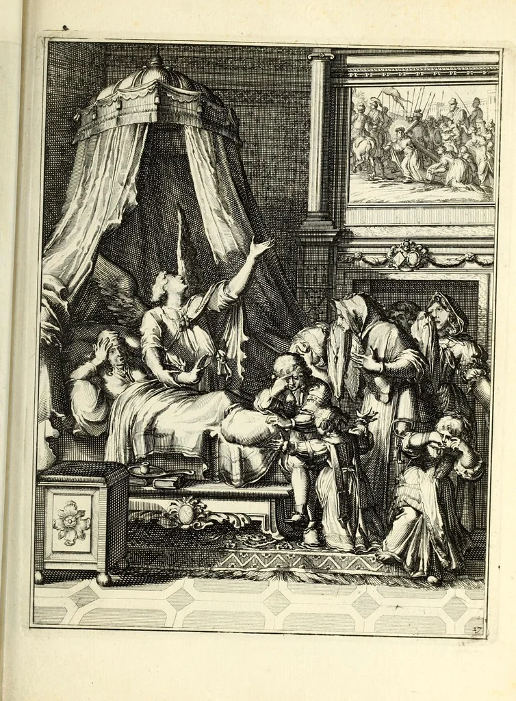 An illustration from Spiegel om wel te sterven : aanwyzende met beeltenissen van het Lyden onses zaligmaakers Jesu Christi : alles wat een zieke moet doen om gelukkig te sterven ... : door den vader David De La Vigne, Recolet, 1694, leaf 81