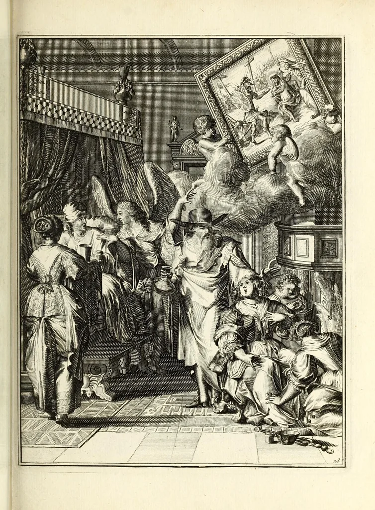 An illustration from Spiegel om wel te sterven : aanwyzende met beeltenissen van het Lyden onses zaligmaakers Jesu Christi : alles wat een zieke moet doen om gelukkig te sterven ... : door den vader David De La Vigne, Recolet, 1694, leaf 83