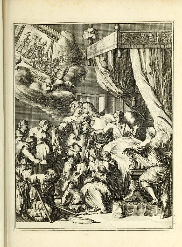 An illustration from Spiegel om wel te sterven : aanwyzende met beeltenissen van het Lyden onses zaligmaakers Jesu Christi : alles wat een zieke moet doen om gelukkig te sterven ... : door den vader David De La Vigne, Recolet, 1694, leaf 85