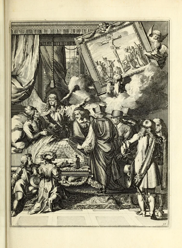 An illustration from Spiegel om wel te sterven : aanwyzende met beeltenissen van het Lyden onses zaligmaakers Jesu Christi : alles wat een zieke moet doen om gelukkig te sterven ... : door den vader David De La Vigne, Recolet, 1694, leaf 91