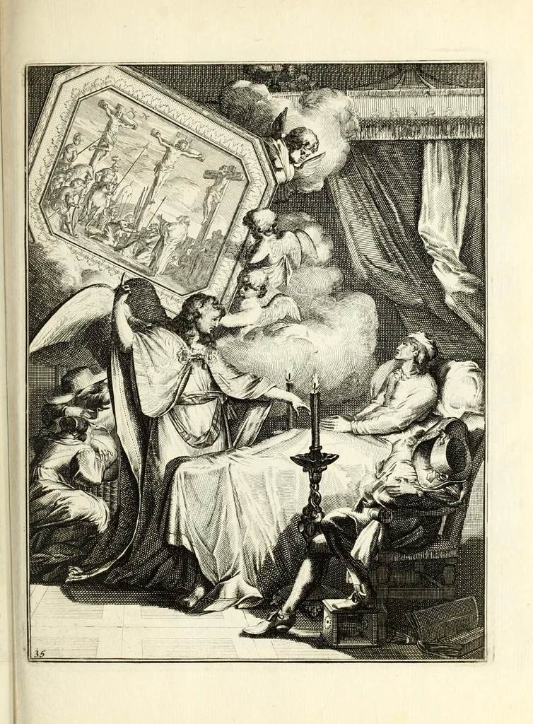 An illustration from Spiegel om wel te sterven : aanwyzende met beeltenissen van het Lyden onses zaligmaakers Jesu Christi : alles wat een zieke moet doen om gelukkig te sterven ... : door den vader David De La Vigne, Recolet, 1694, leaf 99