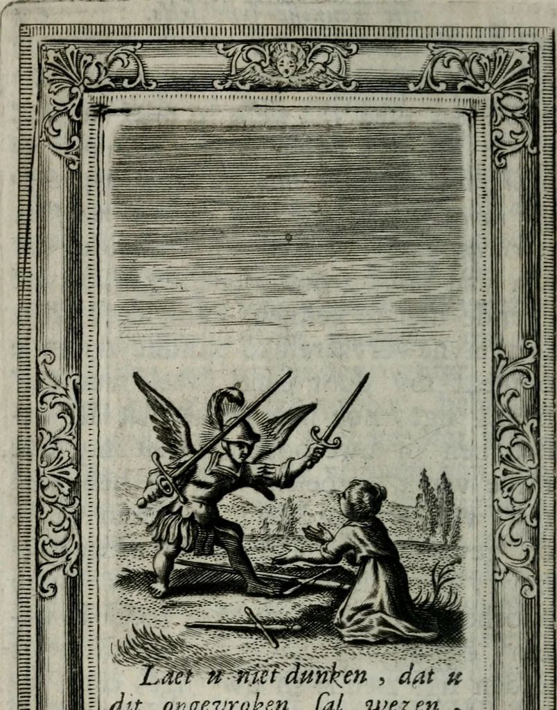An illustration from Spiegel sonder bedrogh ofte kenisse syns selfs : vor oogen gestelt aen alle deught-minnende persoonen, 1733, leaf 71