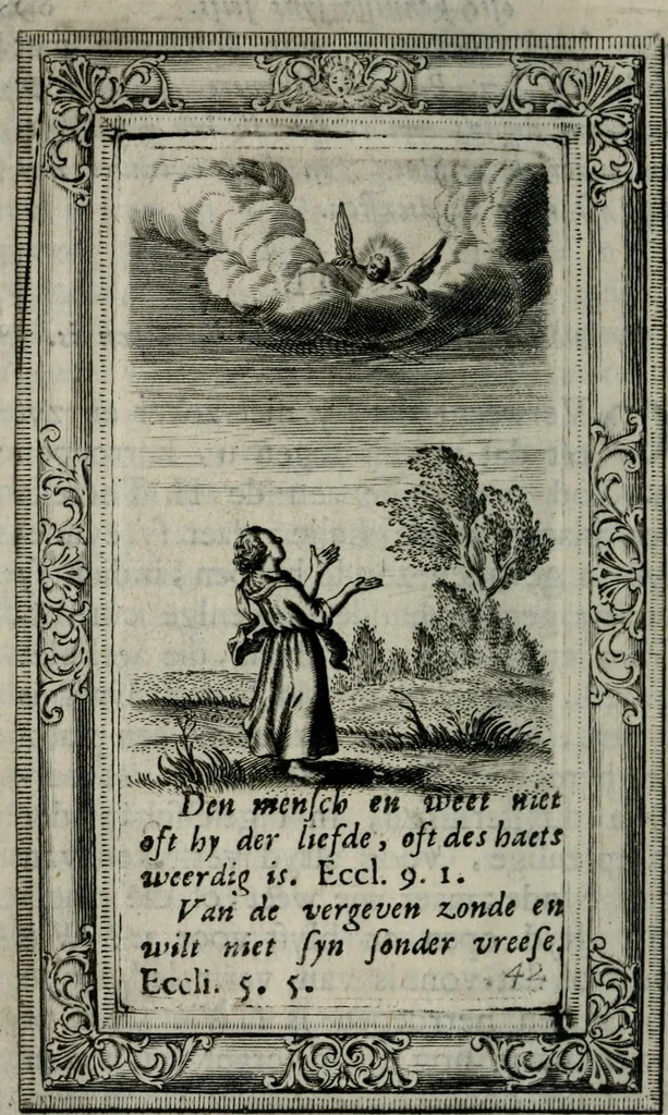 An illustration from Spiegel sonder bedrogh ofte kenisse syns selfs : vor oogen gestelt aen alle deught-minnende persoonen, 1733, leaf 93