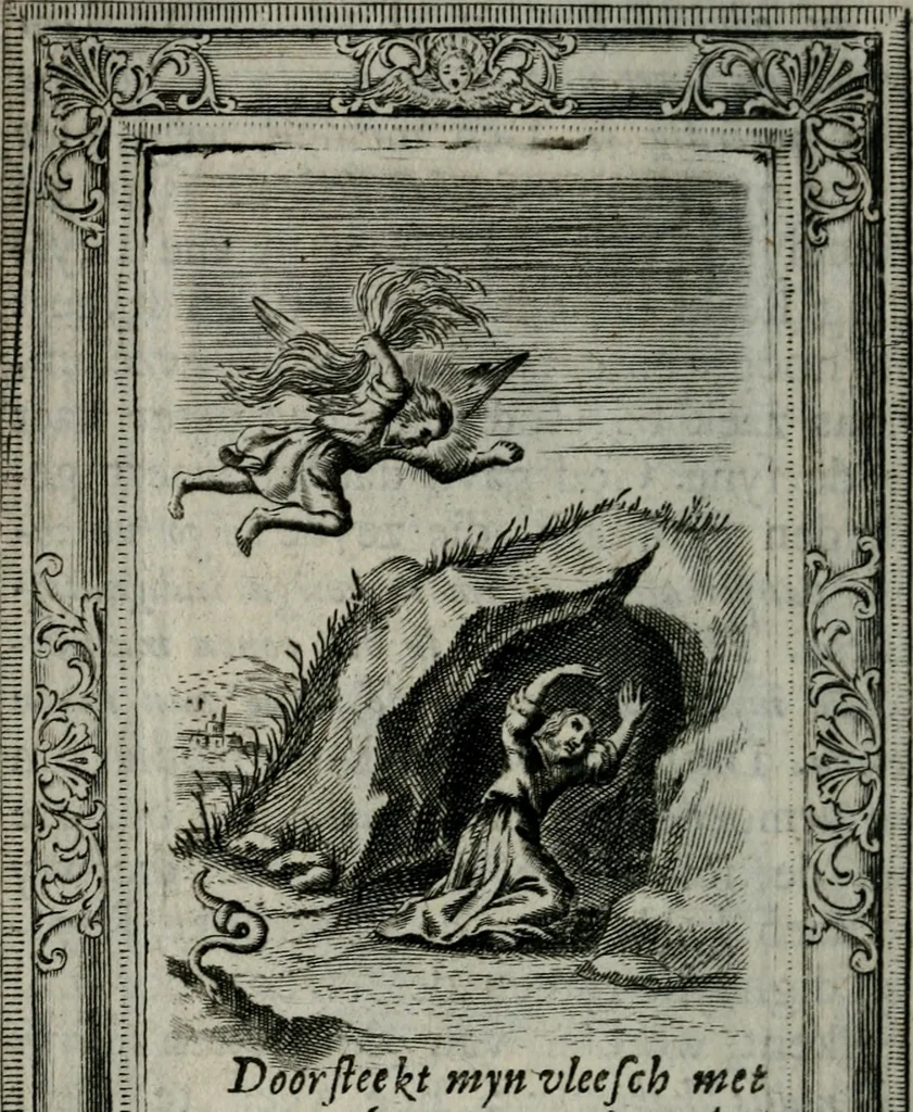 An illustration from Spiegel sonder bedrogh ofte kenisse syns selfs : vor oogen gestelt aen alle deught-minnende persoonen, 1733, leaf 95
