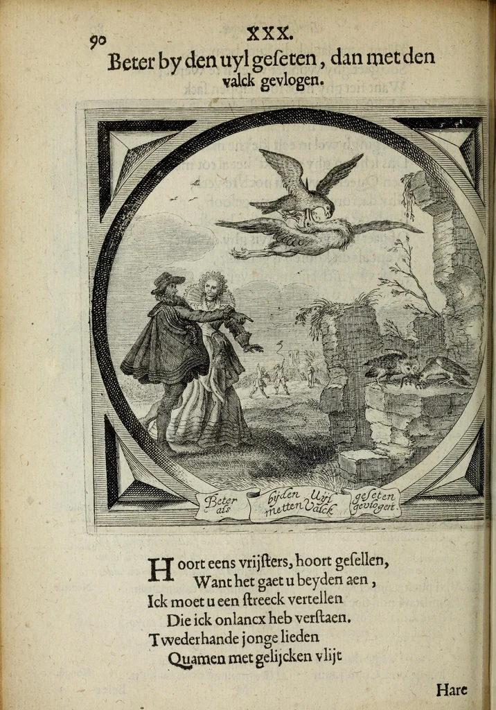 An illustration from Spiegel van den ouden ende nieuvven tijdt : bestaende uyt spreeck-vvoorden ende sinspreucken, ontleent van de voorige ende jegenvvoordige eeuvve, verlustigt door menigte van sinne-beelden, met gedichten en prenten daer op passende : dienstigh tot bericht van alle gedeelten des levens, beginnende van de kintsheyt, ende eyndigende met het eynde alles vleesch, 1632, leaf 114