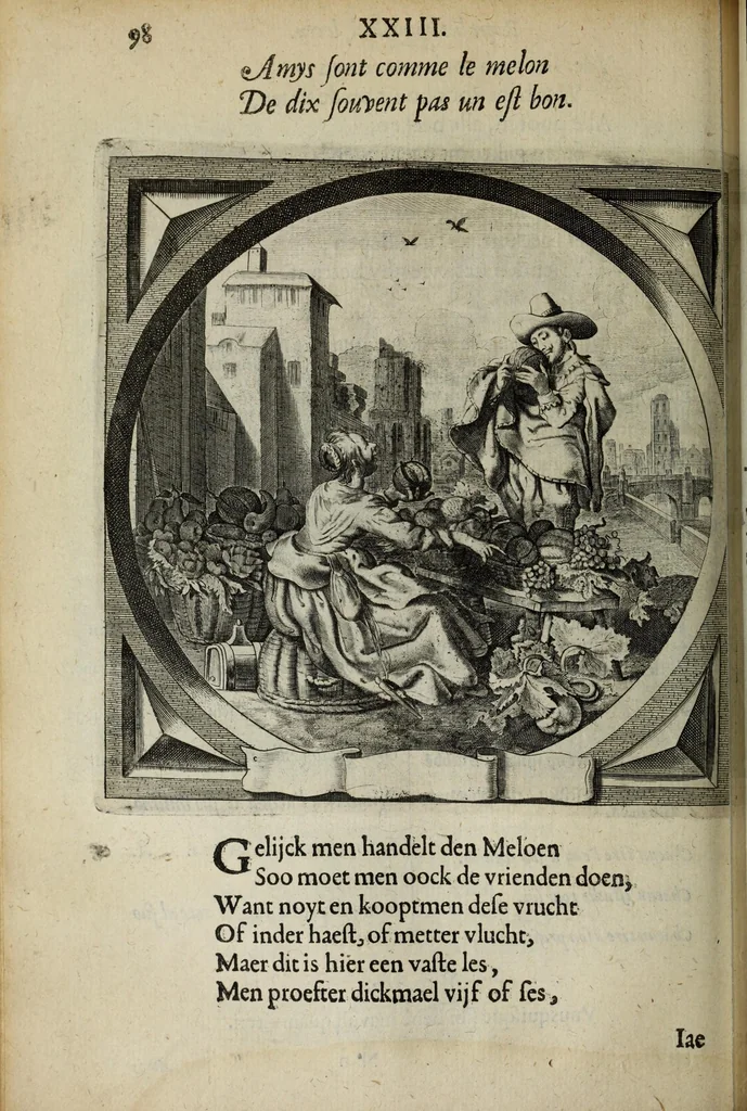 An illustration from Spiegel van den ouden ende nieuvven tijdt : bestaende uyt spreeck-vvoorden ende sinspreucken, ontleent van de voorige ende jegenvvoordige eeuvve, verlustigt door menigte van sinne-beelden, met gedichten en prenten daer op passende : dienstigh tot bericht van alle gedeelten des levens, beginnende van de kintsheyt, ende eyndigende met het eynde alles vleesch, 1632, leaf 346