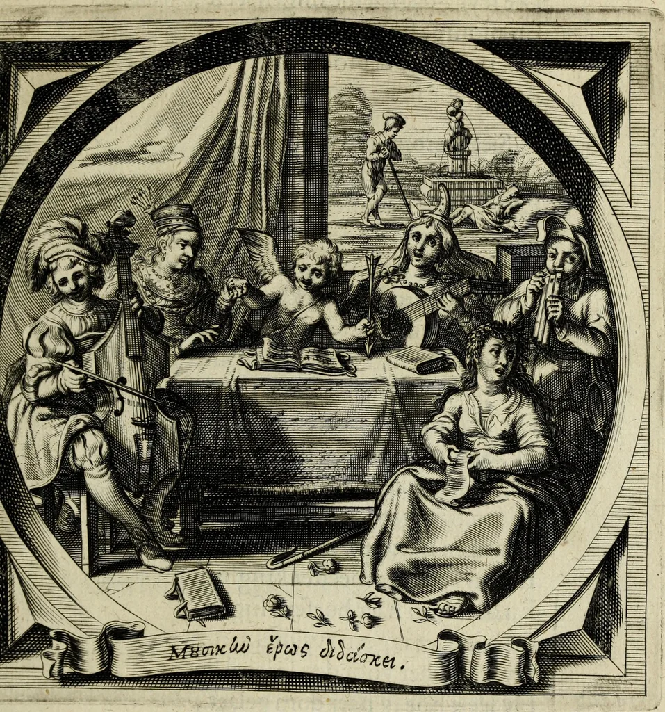 An illustration from Spiegel van den ouden ende nieuvven tijdt : bestaende uyt spreeck-vvoorden ende sinspreucken, ontleent van de voorige ende jegenvvoordige eeuvve, verlustigt door menigte van sinne-beelden, met gedichten en prenten daer op passende : dienstigh tot bericht van alle gedeelten des levens, beginnende van de kintsheyt, ende eyndigende met het eynde alles vleesch, 1632, leaf 43