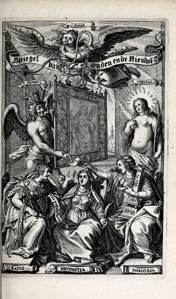 An illustration from Spiegel van den ouden ende nieuvven tijdt : bestaende uyt spreeck-woorden ende sinne-spreucken, ontleent van de voorige ende jegenwoordige eeuwe, verlustiget door menigte van sinne-beelden, met gedichten en prenten daer op passende, 1633, leaf 27