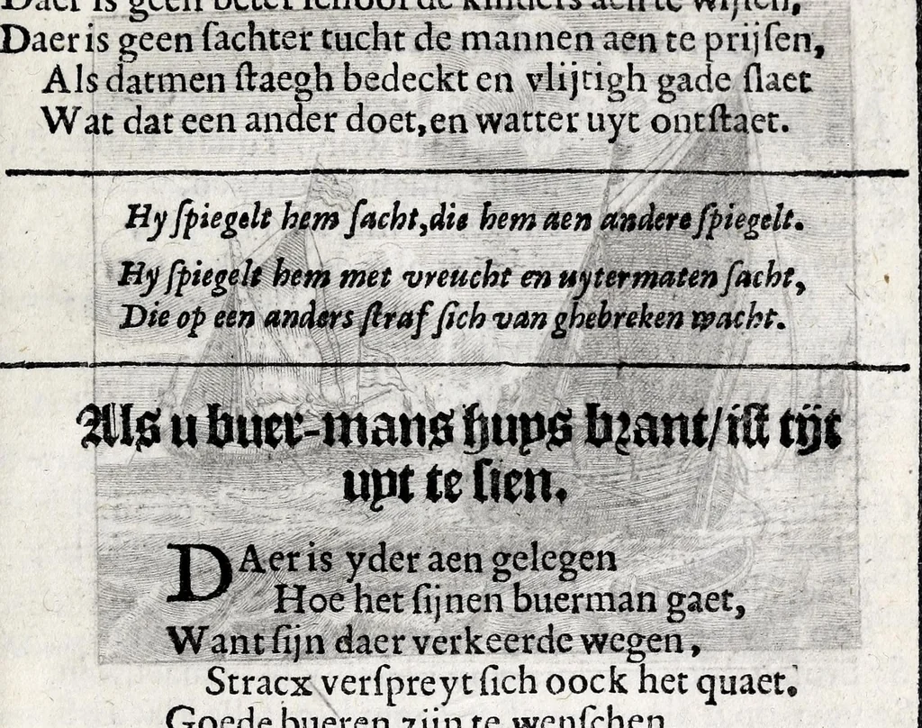 An illustration from Spiegel van den ouden ende nieuvven tijdt : bestaende uyt spreeck-woorden ende sinne-spreucken, ontleent van de voorige ende jegenwoordige eeuwe, verlustiget door menigte van sinne-beelden, met gedichten en prenten daer op passende, 1633, leaf 443