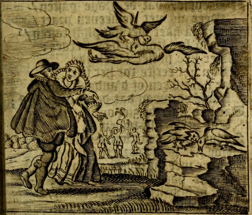 An illustration from Spiegel van den Ouden en Nieuwen Tydt, : bestaande uyt spreekwoorden, ontleent van de voorige en jegenwoordige eeuwe, verlustiget door meenigte van sinnebeelden, met gedichten en prenten daar op passende. : Vermeerdert met groote meenigte van spreekwoorden, door geheel het werk, met byvoeginge van nieuwe platen eu gedichten : alles in de nederlandsche tale ten gerieve van de liefhebbers der zelver,, 1690, leaf 100