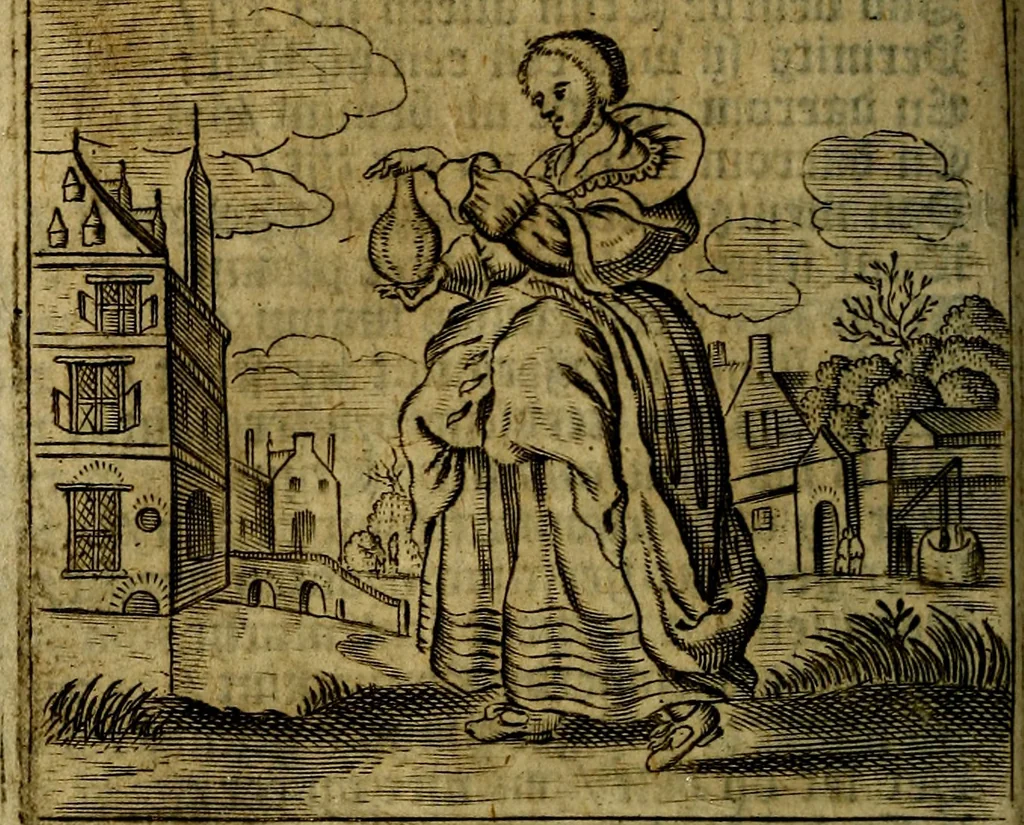 An illustration from Spiegel van den Ouden en Nieuwen Tydt, : bestaande uyt spreekwoorden, ontleent van de voorige en jegenwoordige eeuwe, verlustiget door meenigte van sinnebeelden, met gedichten en prenten daar op passende. : Vermeerdert met groote meenigte van spreekwoorden, door geheel het werk, met byvoeginge van nieuwe platen eu gedichten : alles in de nederlandsche tale ten gerieve van de liefhebbers der zelver,, 1690, leaf 107