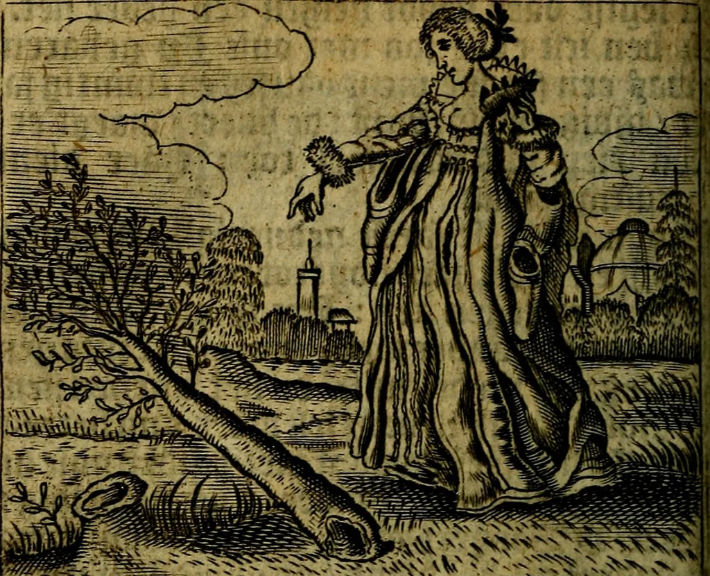An illustration from Spiegel van den Ouden en Nieuwen Tydt, : bestaande uyt spreekwoorden, ontleent van de voorige en jegenwoordige eeuwe, verlustiget door meenigte van sinnebeelden, met gedichten en prenten daar op passende. : Vermeerdert met groote meenigte van spreekwoorden, door geheel het werk, met byvoeginge van nieuwe platen eu gedichten : alles in de nederlandsche tale ten gerieve van de liefhebbers der zelver,, 1690, leaf 121