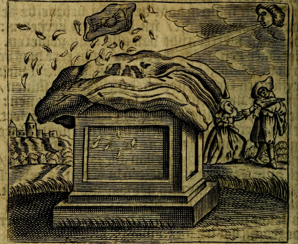 An illustration from Spiegel van den Ouden en Nieuwen Tydt, : bestaande uyt spreekwoorden, ontleent van de voorige en jegenwoordige eeuwe, verlustiget door meenigte van sinnebeelden, met gedichten en prenten daar op passende. : Vermeerdert met groote meenigte van spreekwoorden, door geheel het werk, met byvoeginge van nieuwe platen eu gedichten : alles in de nederlandsche tale ten gerieve van de liefhebbers der zelver,, 1690, leaf 123