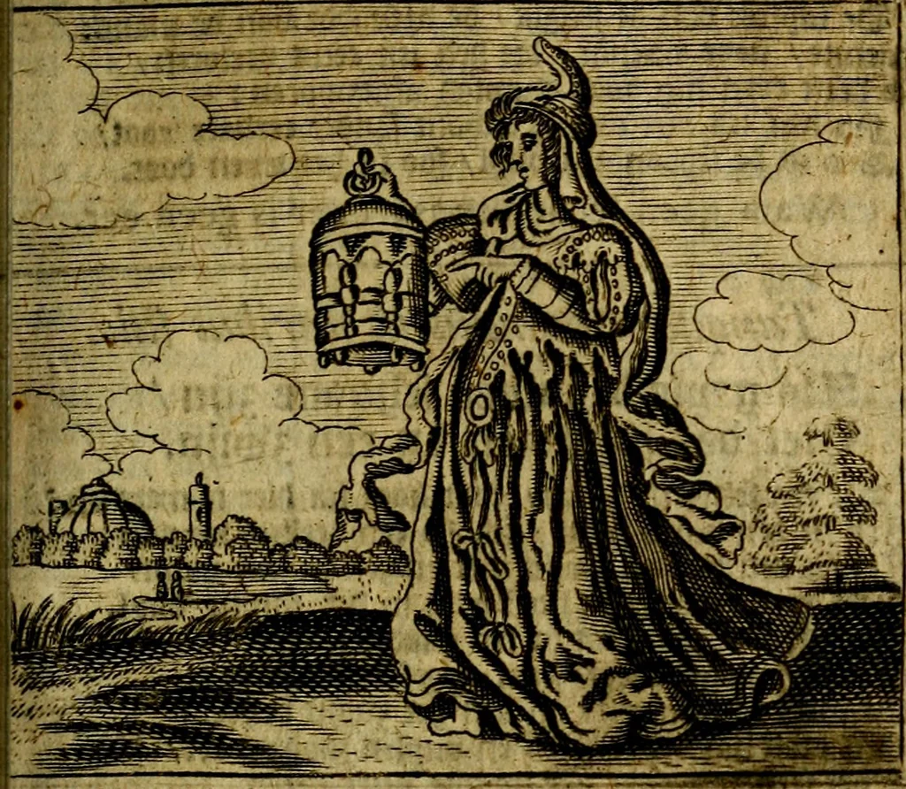 An illustration from Spiegel van den Ouden en Nieuwen Tydt, : bestaande uyt spreekwoorden, ontleent van de voorige en jegenwoordige eeuwe, verlustiget door meenigte van sinnebeelden, met gedichten en prenten daar op passende. : Vermeerdert met groote meenigte van spreekwoorden, door geheel het werk, met byvoeginge van nieuwe platen eu gedichten : alles in de nederlandsche tale ten gerieve van de liefhebbers der zelver,, 1690, leaf 130