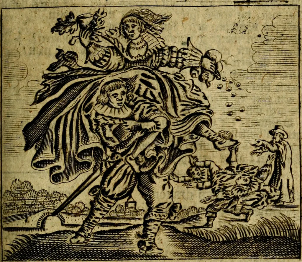 An illustration from Spiegel van den Ouden en Nieuwen Tydt, : bestaande uyt spreekwoorden, ontleent van de voorige en jegenwoordige eeuwe, verlustiget door meenigte van sinnebeelden, met gedichten en prenten daar op passende. : Vermeerdert met groote meenigte van spreekwoorden, door geheel het werk, met byvoeginge van nieuwe platen eu gedichten : alles in de nederlandsche tale ten gerieve van de liefhebbers der zelver,, 1690, leaf 166
