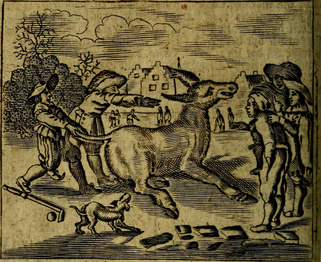 An illustration from Spiegel van den Ouden en Nieuwen Tydt, : bestaande uyt spreekwoorden, ontleent van de voorige en jegenwoordige eeuwe, verlustiget door meenigte van sinnebeelden, met gedichten en prenten daar op passende. : Vermeerdert met groote meenigte van spreekwoorden, door geheel het werk, met byvoeginge van nieuwe platen eu gedichten : alles in de nederlandsche tale ten gerieve van de liefhebbers der zelver,, 1690, leaf 169