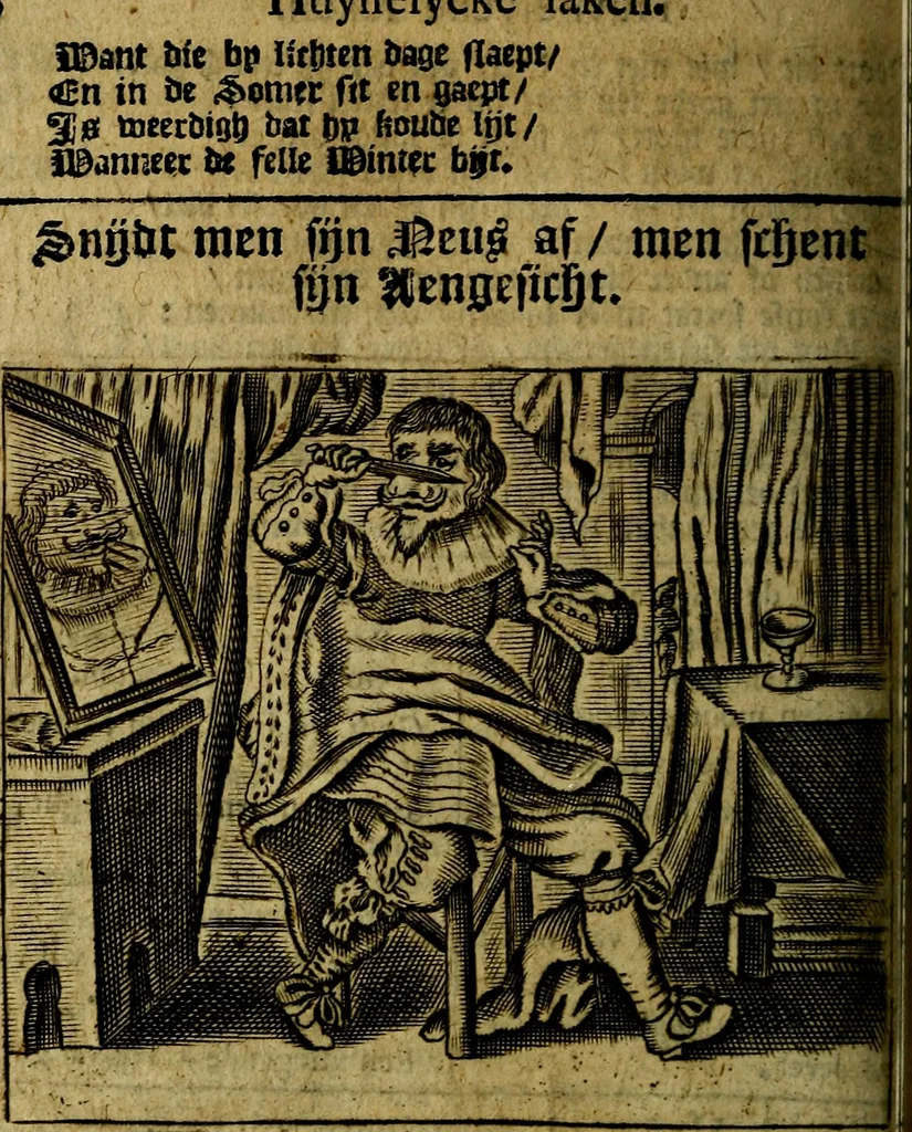 An illustration from Spiegel van den Ouden en Nieuwen Tydt, : bestaande uyt spreekwoorden, ontleent van de voorige en jegenwoordige eeuwe, verlustiget door meenigte van sinnebeelden, met gedichten en prenten daar op passende. : Vermeerdert met groote meenigte van spreekwoorden, door geheel het werk, met byvoeginge van nieuwe platen eu gedichten : alles in de nederlandsche tale ten gerieve van de liefhebbers der zelver,, 1690, leaf 175