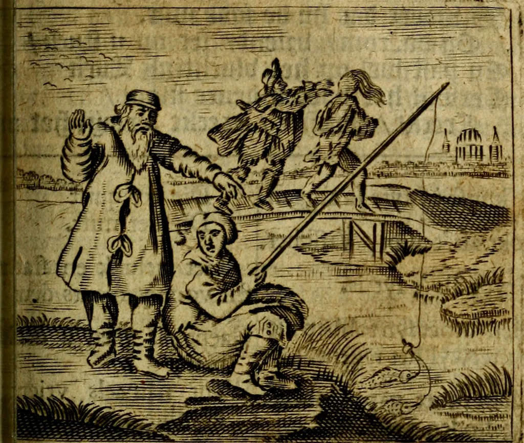 An illustration from Spiegel van den Ouden en Nieuwen Tydt, : bestaande uyt spreekwoorden, ontleent van de voorige en jegenwoordige eeuwe, verlustiget door meenigte van sinnebeelden, met gedichten en prenten daar op passende. : Vermeerdert met groote meenigte van spreekwoorden, door geheel het werk, met byvoeginge van nieuwe platen eu gedichten : alles in de nederlandsche tale ten gerieve van de liefhebbers der zelver,, 1690, leaf 178