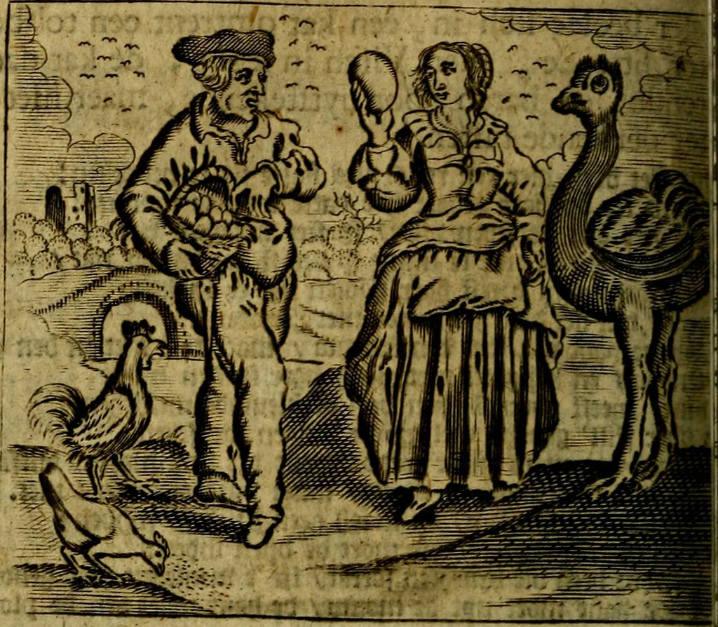 An illustration from Spiegel van den Ouden en Nieuwen Tydt, : bestaande uyt spreekwoorden, ontleent van de voorige en jegenwoordige eeuwe, verlustiget door meenigte van sinnebeelden, met gedichten en prenten daar op passende. : Vermeerdert met groote meenigte van spreekwoorden, door geheel het werk, met byvoeginge van nieuwe platen eu gedichten : alles in de nederlandsche tale ten gerieve van de liefhebbers der zelver,, 1690, leaf 195