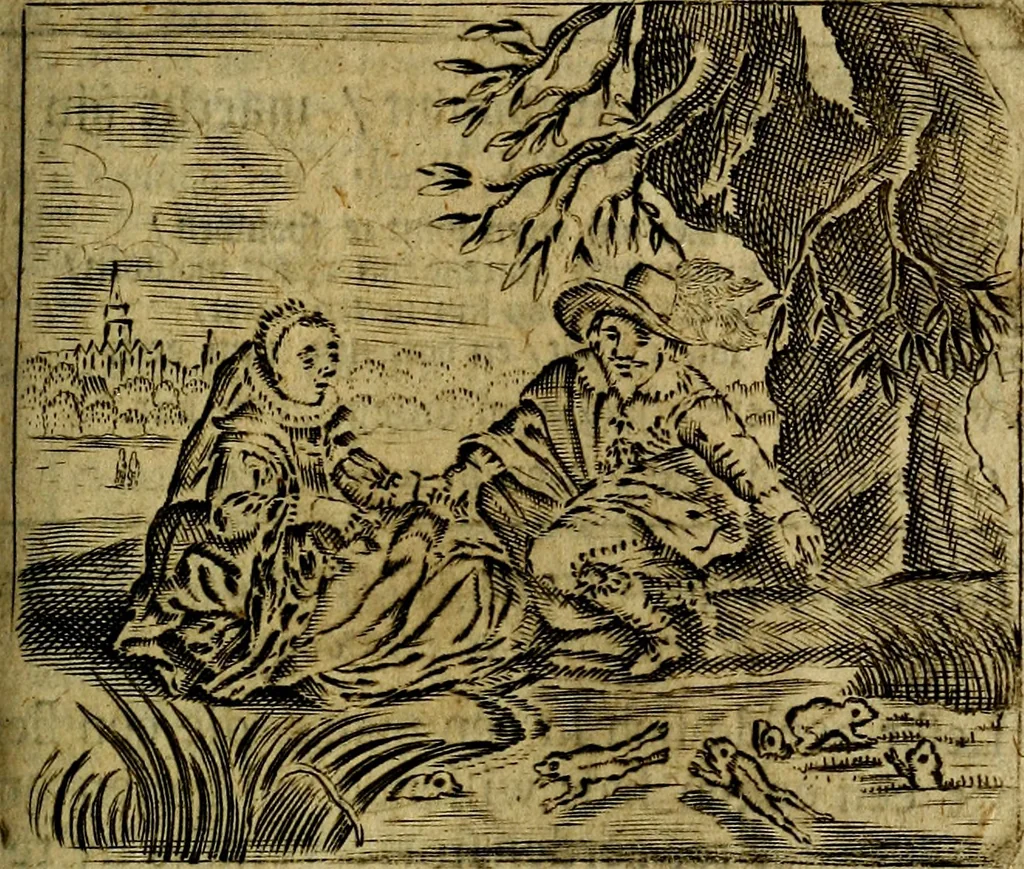 An illustration from Spiegel van den Ouden en Nieuwen Tydt, : bestaande uyt spreekwoorden, ontleent van de voorige en jegenwoordige eeuwe, verlustiget door meenigte van sinnebeelden, met gedichten en prenten daar op passende. : Vermeerdert met groote meenigte van spreekwoorden, door geheel het werk, met byvoeginge van nieuwe platen eu gedichten : alles in de nederlandsche tale ten gerieve van de liefhebbers der zelver,, 1690, leaf 198