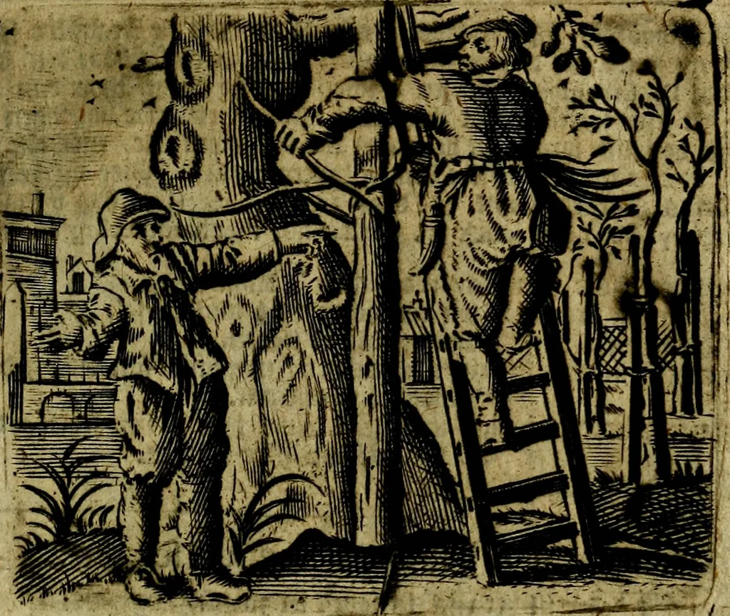 An illustration from Spiegel van den Ouden en Nieuwen Tydt, : bestaande uyt spreekwoorden, ontleent van de voorige en jegenwoordige eeuwe, verlustiget door meenigte van sinnebeelden, met gedichten en prenten daar op passende. : Vermeerdert met groote meenigte van spreekwoorden, door geheel het werk, met byvoeginge van nieuwe platen eu gedichten : alles in de nederlandsche tale ten gerieve van de liefhebbers der zelver,, 1690, leaf 20
