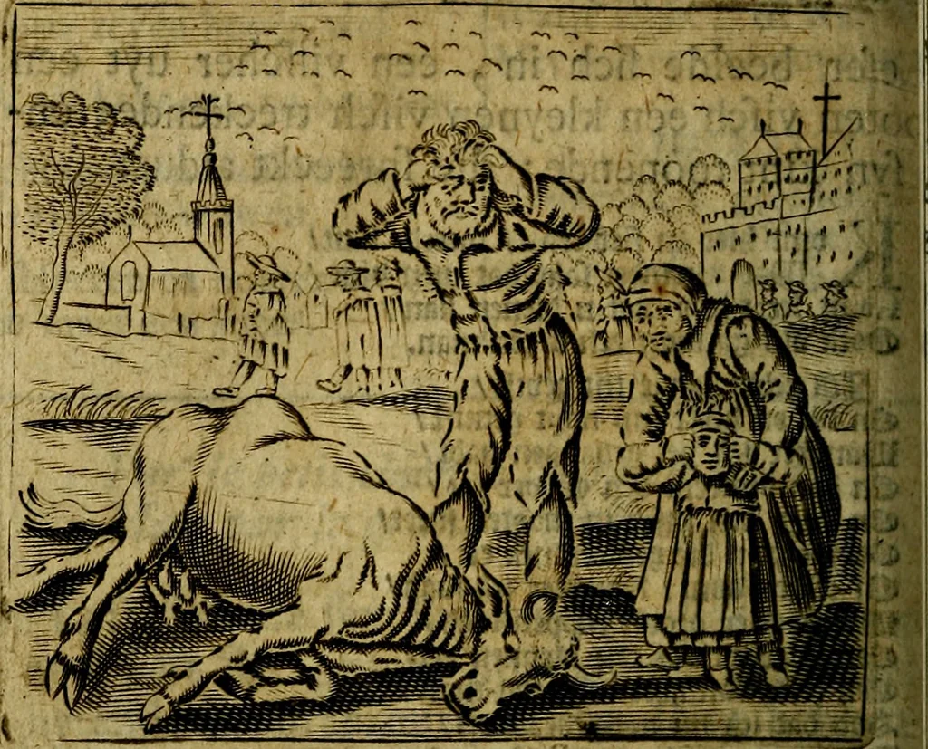 An illustration from Spiegel van den Ouden en Nieuwen Tydt, : bestaande uyt spreekwoorden, ontleent van de voorige en jegenwoordige eeuwe, verlustiget door meenigte van sinnebeelden, met gedichten en prenten daar op passende. : Vermeerdert met groote meenigte van spreekwoorden, door geheel het werk, met byvoeginge van nieuwe platen eu gedichten : alles in de nederlandsche tale ten gerieve van de liefhebbers der zelver,, 1690, leaf 207