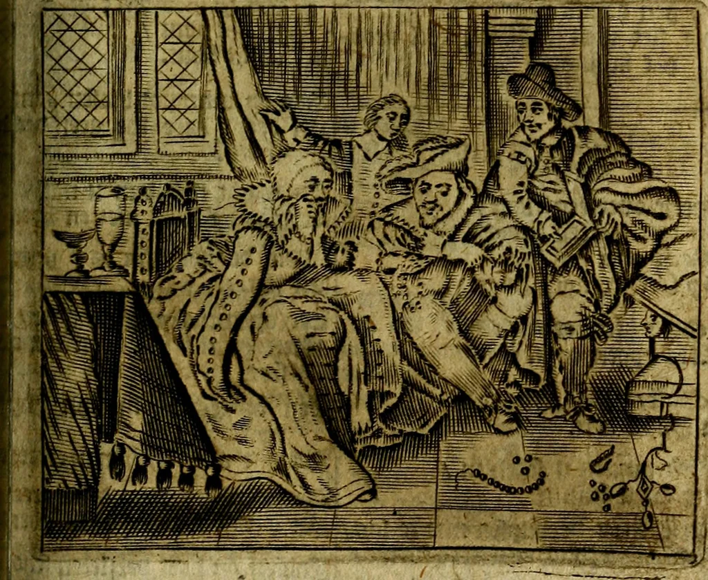 An illustration from Spiegel van den Ouden en Nieuwen Tydt, : bestaande uyt spreekwoorden, ontleent van de voorige en jegenwoordige eeuwe, verlustiget door meenigte van sinnebeelden, met gedichten en prenten daar op passende. : Vermeerdert met groote meenigte van spreekwoorden, door geheel het werk, met byvoeginge van nieuwe platen eu gedichten : alles in de nederlandsche tale ten gerieve van de liefhebbers der zelver,, 1690, leaf 226
