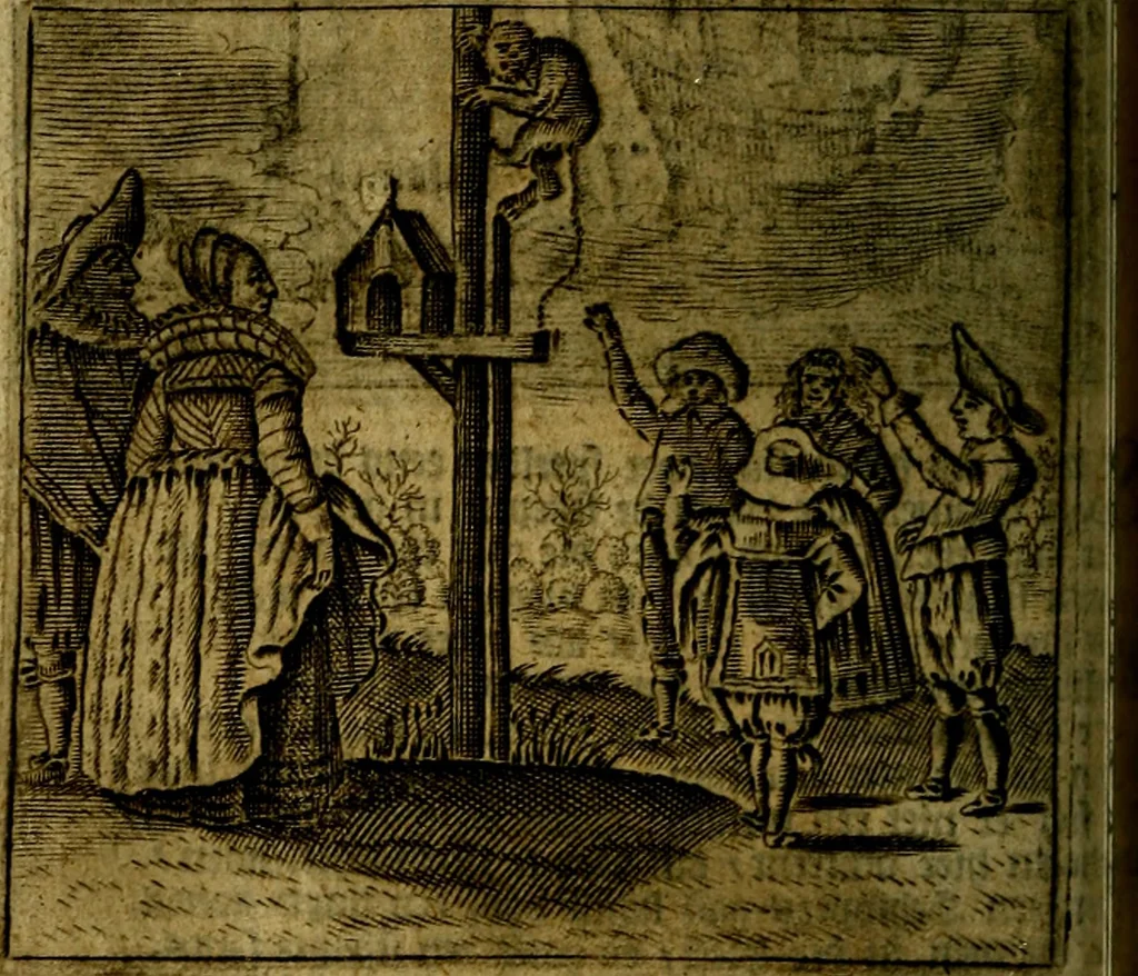An illustration from Spiegel van den Ouden en Nieuwen Tydt, : bestaande uyt spreekwoorden, ontleent van de voorige en jegenwoordige eeuwe, verlustiget door meenigte van sinnebeelden, met gedichten en prenten daar op passende. : Vermeerdert met groote meenigte van spreekwoorden, door geheel het werk, met byvoeginge van nieuwe platen eu gedichten : alles in de nederlandsche tale ten gerieve van de liefhebbers der zelver,, 1690, leaf 239