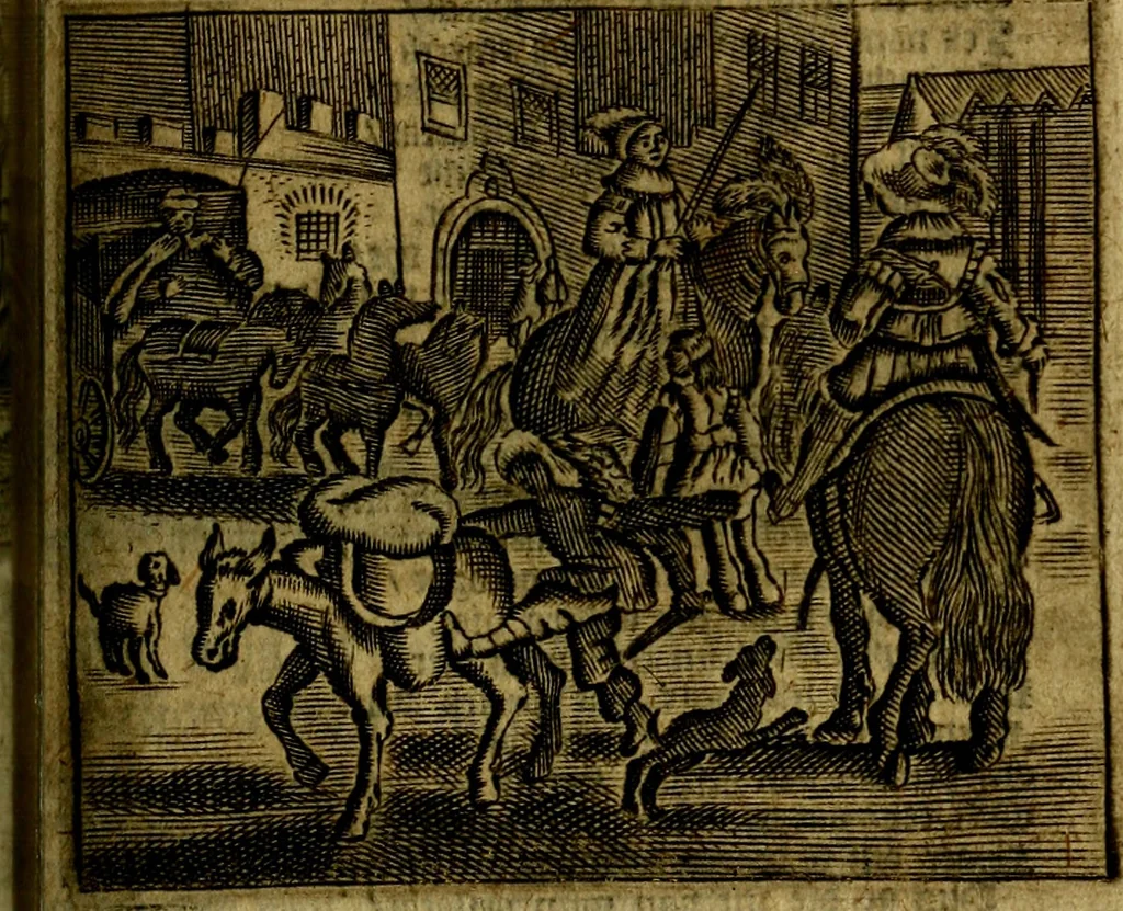 An illustration from Spiegel van den Ouden en Nieuwen Tydt, : bestaande uyt spreekwoorden, ontleent van de voorige en jegenwoordige eeuwe, verlustiget door meenigte van sinnebeelden, met gedichten en prenten daar op passende. : Vermeerdert met groote meenigte van spreekwoorden, door geheel het werk, met byvoeginge van nieuwe platen eu gedichten : alles in de nederlandsche tale ten gerieve van de liefhebbers der zelver,, 1690, leaf 242