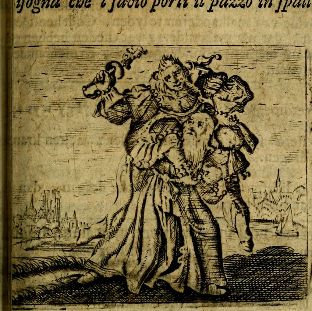An illustration from Spiegel van den Ouden en Nieuwen Tydt, : bestaande uyt spreekwoorden, ontleent van de voorige en jegenwoordige eeuwe, verlustiget door meenigte van sinnebeelden, met gedichten en prenten daar op passende. : Vermeerdert met groote meenigte van spreekwoorden, door geheel het werk, met byvoeginge van nieuwe platen eu gedichten : alles in de nederlandsche tale ten gerieve van de liefhebbers der zelver,, 1690, leaf 244