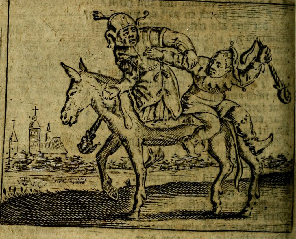 An illustration from Spiegel van den Ouden en Nieuwen Tydt, : bestaande uyt spreekwoorden, ontleent van de voorige en jegenwoordige eeuwe, verlustiget door meenigte van sinnebeelden, met gedichten en prenten daar op passende. : Vermeerdert met groote meenigte van spreekwoorden, door geheel het werk, met byvoeginge van nieuwe platen eu gedichten : alles in de nederlandsche tale ten gerieve van de liefhebbers der zelver,, 1690, leaf 247