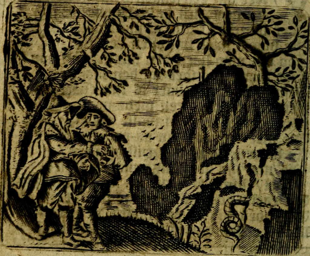 An illustration from Spiegel van den Ouden en Nieuwen Tydt, : bestaande uyt spreekwoorden, ontleent van de voorige en jegenwoordige eeuwe, verlustiget door meenigte van sinnebeelden, met gedichten en prenten daar op passende. : Vermeerdert met groote meenigte van spreekwoorden, door geheel het werk, met byvoeginge van nieuwe platen eu gedichten : alles in de nederlandsche tale ten gerieve van de liefhebbers der zelver,, 1690, leaf 25