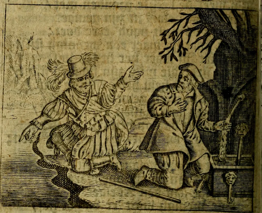 An illustration from Spiegel van den Ouden en Nieuwen Tydt, : bestaande uyt spreekwoorden, ontleent van de voorige en jegenwoordige eeuwe, verlustiget door meenigte van sinnebeelden, met gedichten en prenten daar op passende. : Vermeerdert met groote meenigte van spreekwoorden, door geheel het werk, met byvoeginge van nieuwe platen eu gedichten : alles in de nederlandsche tale ten gerieve van de liefhebbers der zelver,, 1690, leaf 251