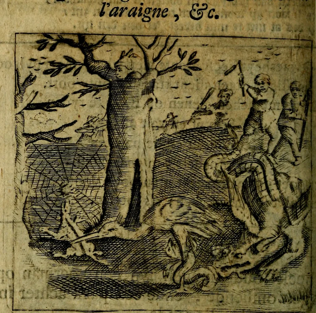 An illustration from Spiegel van den Ouden en Nieuwen Tydt, : bestaande uyt spreekwoorden, ontleent van de voorige en jegenwoordige eeuwe, verlustiget door meenigte van sinnebeelden, met gedichten en prenten daar op passende. : Vermeerdert met groote meenigte van spreekwoorden, door geheel het werk, met byvoeginge van nieuwe platen eu gedichten : alles in de nederlandsche tale ten gerieve van de liefhebbers der zelver,, 1690, leaf 255