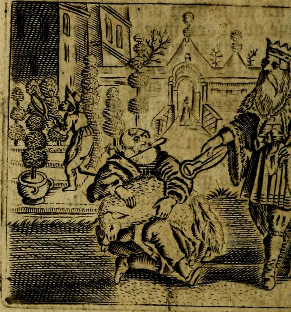 An illustration from Spiegel van den Ouden en Nieuwen Tydt, : bestaande uyt spreekwoorden, ontleent van de voorige en jegenwoordige eeuwe, verlustiget door meenigte van sinnebeelden, met gedichten en prenten daar op passende. : Vermeerdert met groote meenigte van spreekwoorden, door geheel het werk, met byvoeginge van nieuwe platen eu gedichten : alles in de nederlandsche tale ten gerieve van de liefhebbers der zelver,, 1690, leaf 263