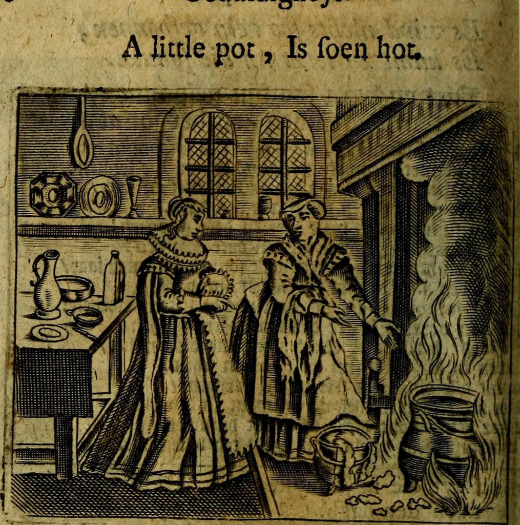 An illustration from Spiegel van den Ouden en Nieuwen Tydt, : bestaande uyt spreekwoorden, ontleent van de voorige en jegenwoordige eeuwe, verlustiget door meenigte van sinnebeelden, met gedichten en prenten daar op passende. : Vermeerdert met groote meenigte van spreekwoorden, door geheel het werk, met byvoeginge van nieuwe platen eu gedichten : alles in de nederlandsche tale ten gerieve van de liefhebbers der zelver,, 1690, leaf 267